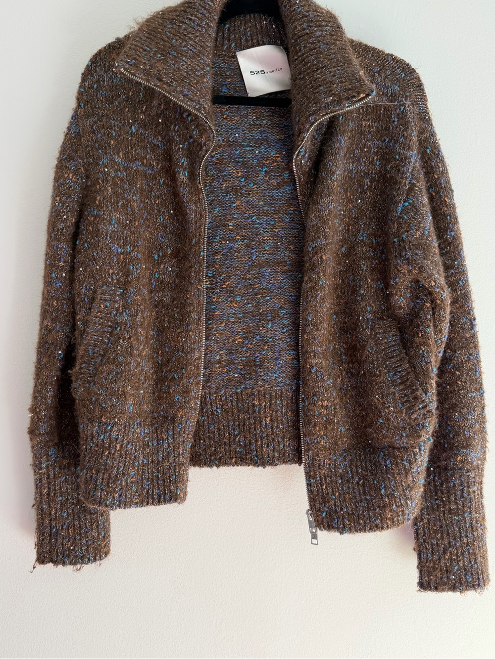 525 America Brown Zip-Front Speckled Knit Cardigan